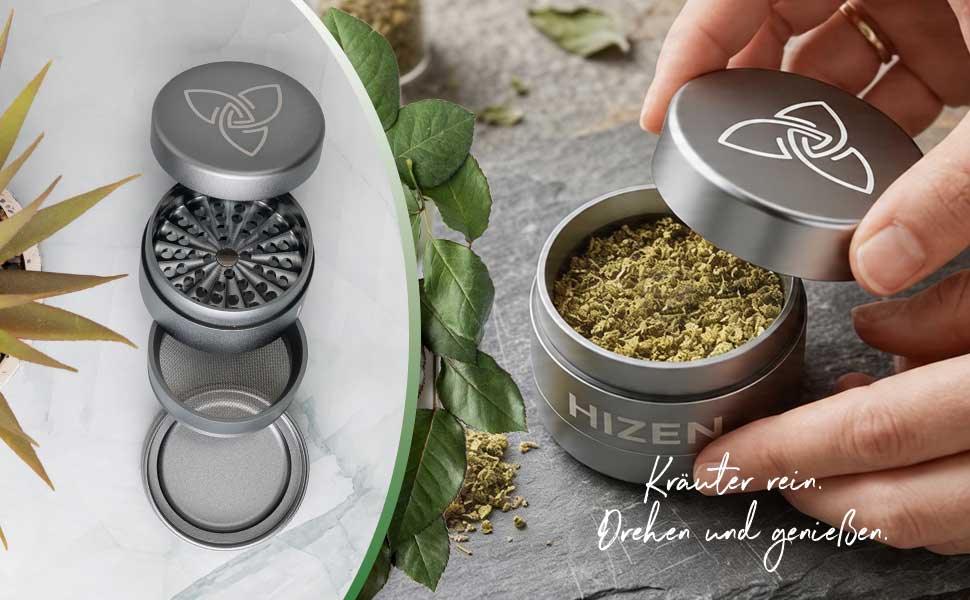 HIZEN Aluminium Grinder ohne Zähne 63 mm – Grau | 4-teilig