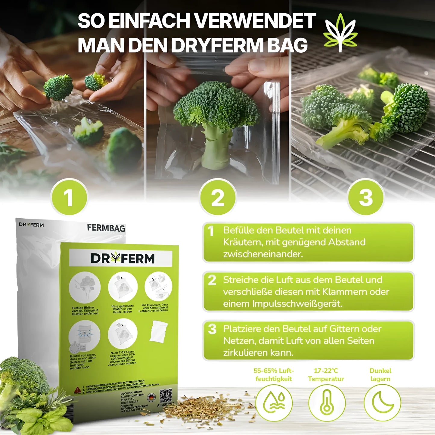 DRYFERM Bag 3er-Set mit Weedmaster – Revolutionärer Trocknungsbeutel für Kräuter
