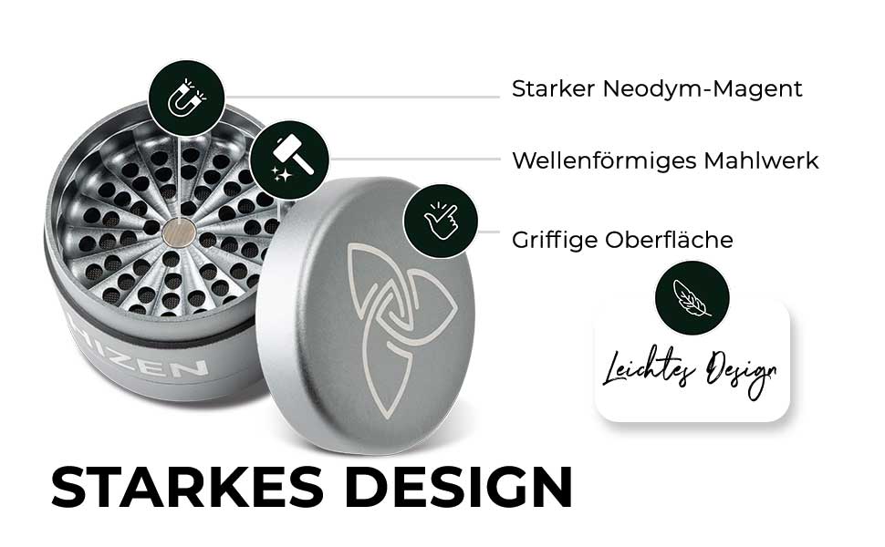 HIZEN Aluminium Grinder ohne Zähne 63 mm – Grau | 4-teilig
