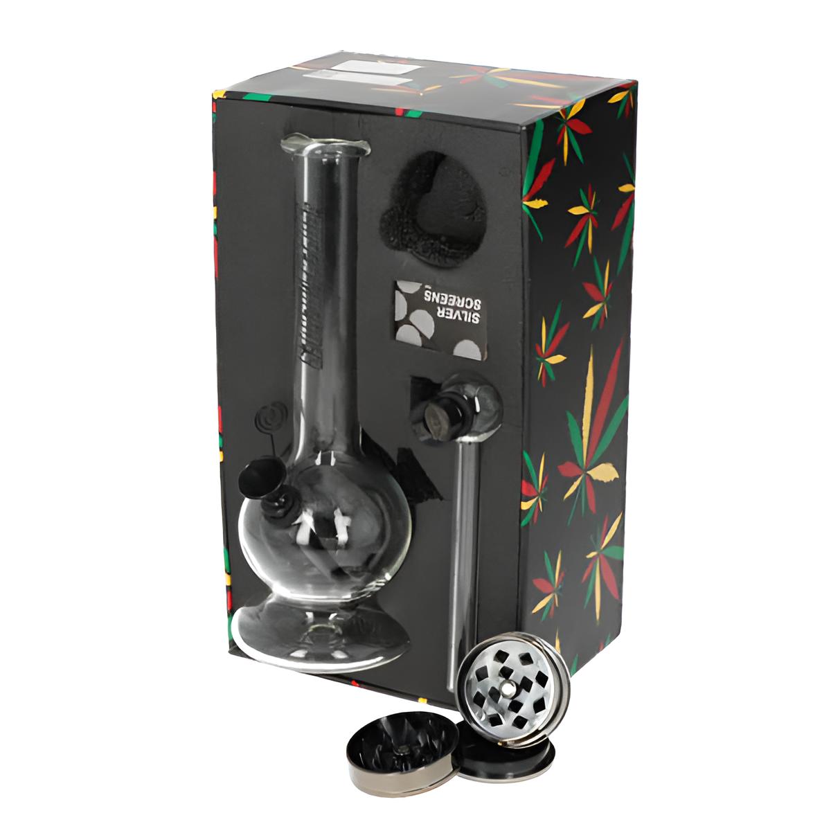 Glasbong Set – Mini Bong 20 cm + Plastikgrinder 3-teilig Ø4cm + Glaspfeife 12 cm