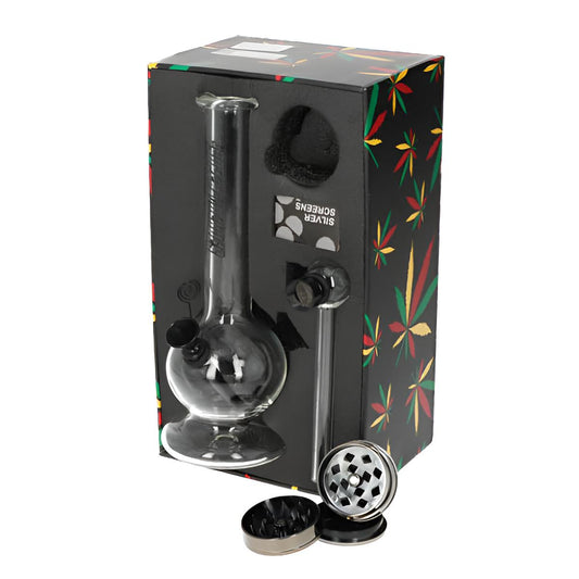 Glasbong Set – Mini Bong 20 cm + Plastikgrinder 3-teilig Ø4cm + Glaspfeife 12 cm